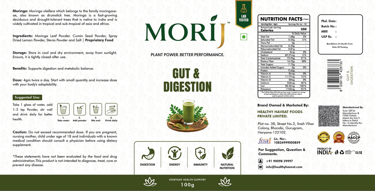 Morij Gut & Digestion full label with ingredients and nutrition facts