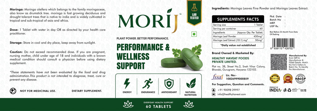 Morij Performance & Wellness Support Tablets full label with ingredients and nutrition facts