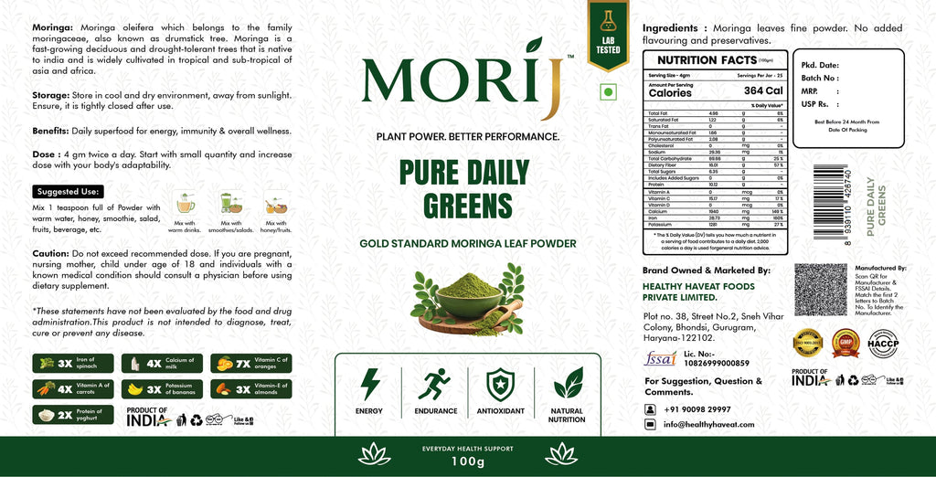 Morij Pure Daily Greens full label with ingredients and nutrition facts