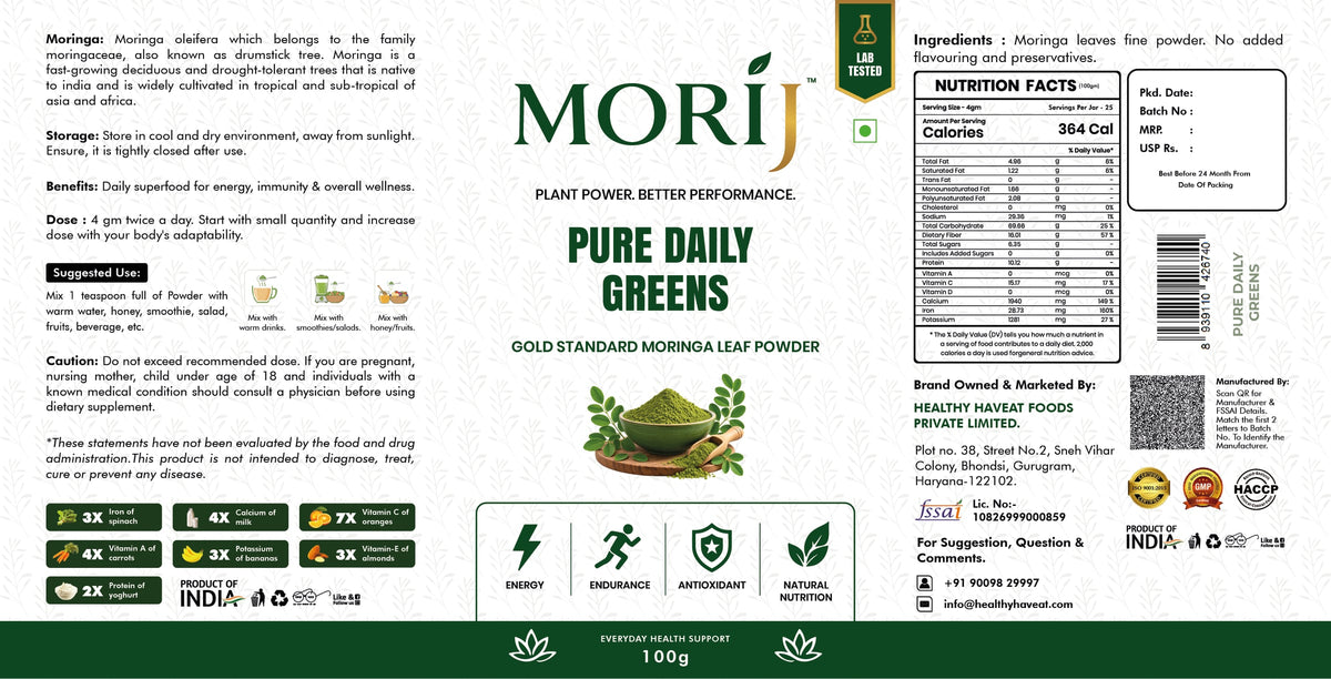 Morij Pure Daily Greens full label with ingredients and nutrition facts